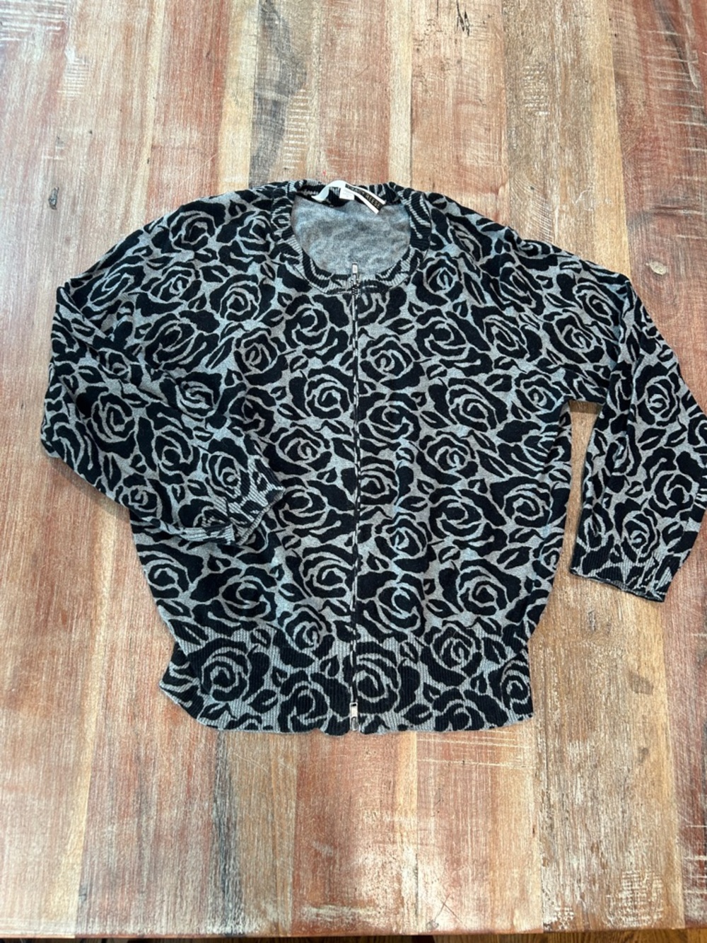 Tracy Reese VTG Black and Gray Floral Cotton Zip Cardigan
